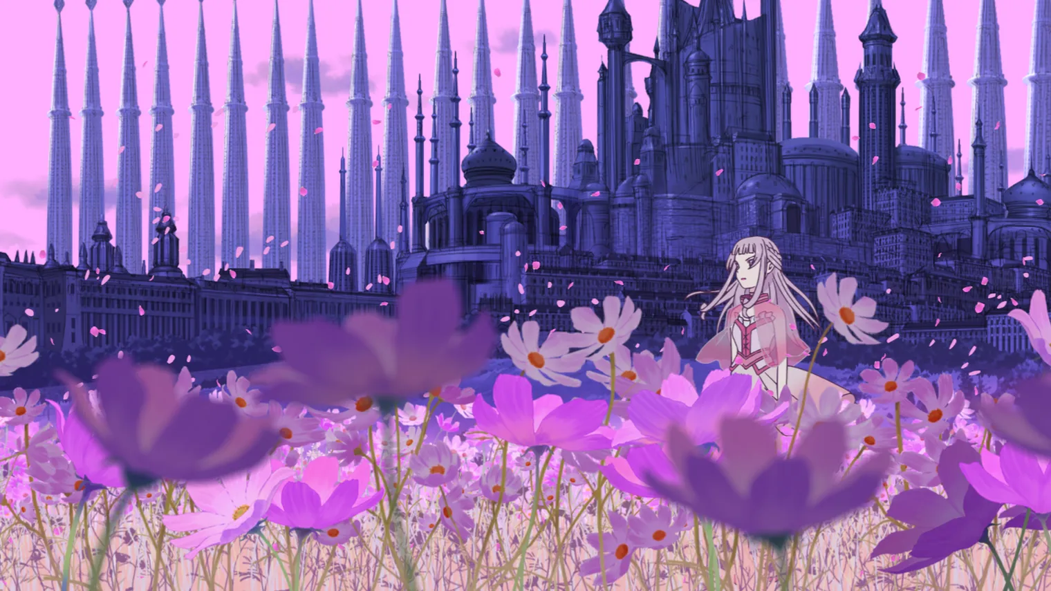 OROCHI seventh echoes film screen featuring a girl in a field of purple flowers under a purple sky with a palace with multiple spires in the background